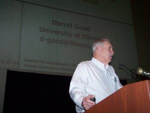 Darrel Good, speaking during the 2015 Farm Economics Summit in Peoria, will again be among presenters for the 2016 University of Illinois-hosted summit. Several summits have been scheduled across Illinois in December. (photo by Tim Alexander)