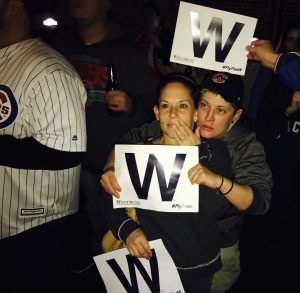Christy Rivera of Northbrook shortly before the Chicago Cubs winning the World Series in the 10th inning. Fans gathered at the Landmark Inn Bar and Grill in Northbrook. 