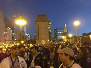 Cubs fans line up in the early morning hours along Congress Parkway Nov. 4 waiting to get into Grant Park for the city's party later that morning to celebrate the Chicago Cubs winning the 2016 World Series championship. (Photo by Judy Harvey/Chronicle Media) 