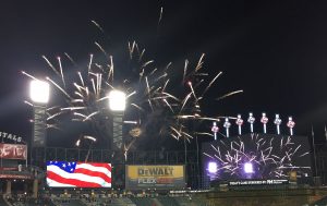 Fireworks light the sky over the left field wall prior to the start of last Wednesday’s Northern Illinois-Toledo college football clash at Guaranteed Rate Field. (Photo by Jack McCarthy / Chronicle Media)