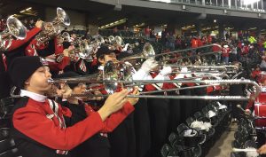 The Northern Illinois University marching band provides entertainment from the stands during the first quarter of last Wednesday’s Northern Illinois-Toledo game. (Photo by Jack McCarthy / Chronicle Media)