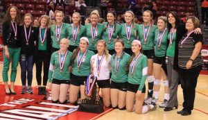 The Eureka girls volleyball team after receiving their championship trophy and medals. (Photo by Kalli McDonald/for Chronicle Media) 