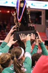 Eureka players hoist the championship trophy. (Photo by Kalli McDonald/for Chronicle Media) 