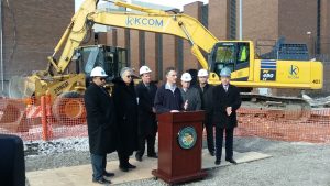 Cook County Sheriff Tom Dart (at podium) talks about the demolition of three underutilized buildings at the County Jail. The razing of the three jail divisions will save the county $118 million over 10 years. Officials behind Dart are (from left) county Commissioner Stanley Moore, County Board President Toni Preckwinkle, county Commissioners Pete Silvestri and John Daley and (at far right) Chicago Ald. George Cardenas. (Photo by Kevin Beese/for Chronicle Media) 