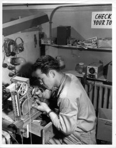 M. Mori of Chicago, a radio repairman with the Allied translator and interpreter section, Tokyo, Japan, works at repairing a radio in the repair shop in September 1946. (Photo courtesy of Seattle Nisei Veterans Committee and the U.S. Army/Densho Encyclopedia Digital Collection). 